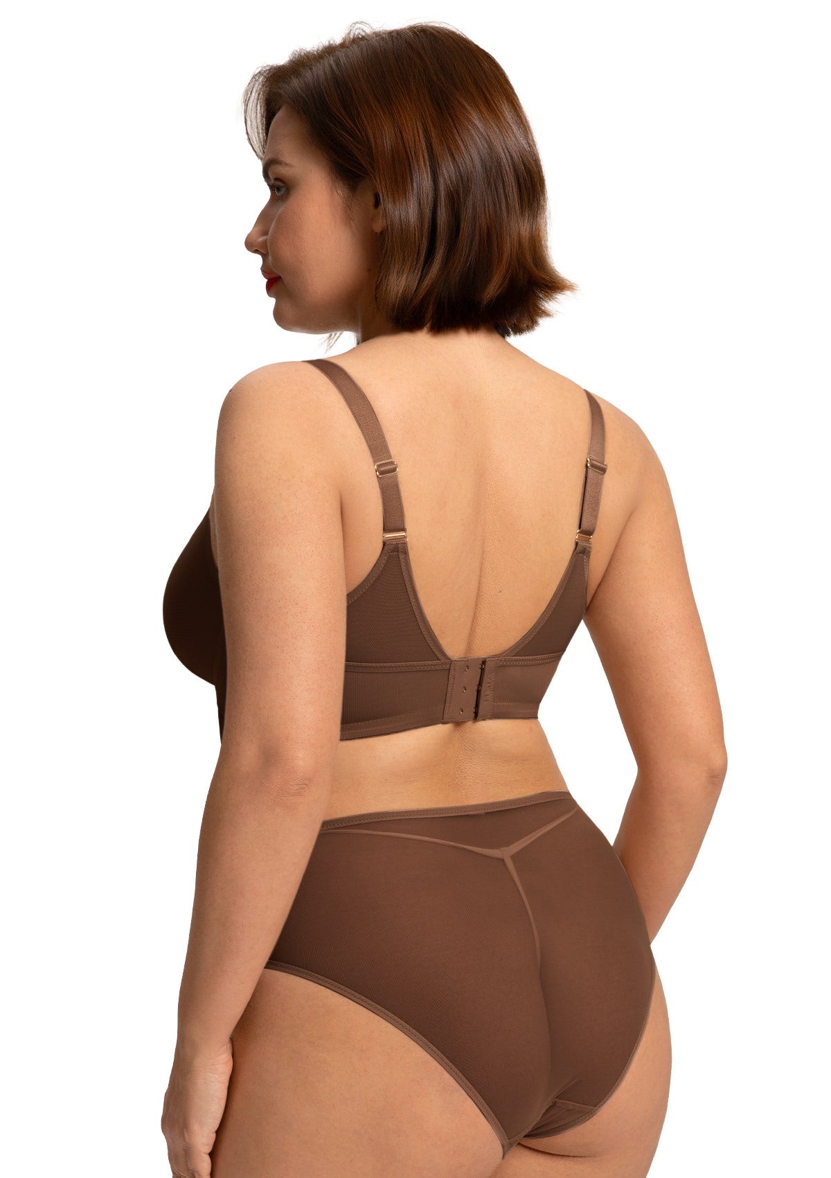 Rear view of the Coffee Brown Yumi bra on model, highlighting the smoothing, secure fit provided by the semi-smooth elastic side bands.