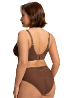 Rear view of the Coffee Brown Yumi bra on model, highlighting the smoothing, secure fit provided by the semi-smooth elastic side bands.