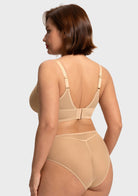 Back profile of the Light Beige Yumi unlined bra, detailing the size-graded straps intentionally designed to alleviate shoulder strain for C-I cups.