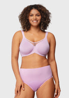 Front view of the lavender CoolComfort minimizer bra, delivering a seamless second-skin fit and unmatched support for full-busted women.