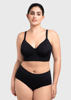 Close front view highlighting the smooth, second-skin fit of the incredibly comfortable black underwire bra