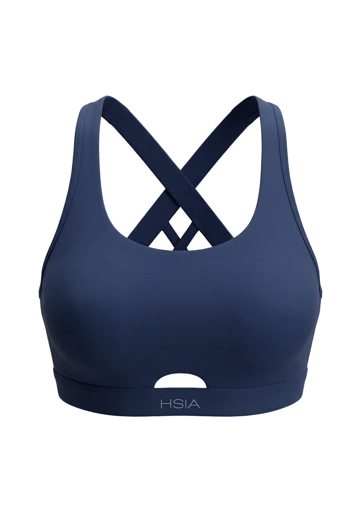 3D studio shot of the navy blue Aura keyhole sports bra FYT0225 on a clean white background