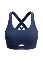 3D studio shot of the navy blue Aura keyhole sports bra FYT0225 on a clean white background