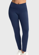 Full front view of the navy blue crossover yoga pants, offering a highly stretchy and comfortable fit that is plus size friendly up to 4XL