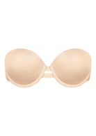 High-resolution 3D shot of the best nude strapless bra for a small chest, showcasing the invisible tech-bonded edges, silky satin finish, and effortless push-up lift.