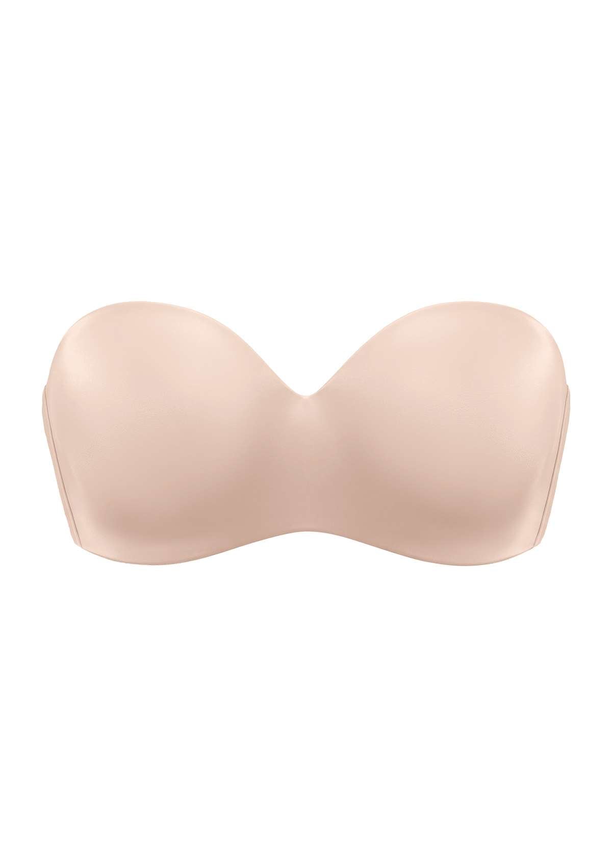 3D detailed view of the almond skin Breya supportive silicone-free strapless bra, showcasing the moisture-wicking stretch cotton cups and advanced anti-slip construction.