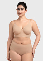 Front view of the light nude seamless T-shirt bra, designed to disappear effortlessly under tight clothing