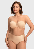Woman posing confidently in the nude strapless bra for a large chest, designed for breathable, all-day wear without digging or pinching.