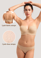 Accessories for the nude seamless bra, including one pair of matching fabric straps and one pair of invisible clear straps for versatile styling.