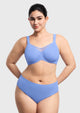 Front view of the sky blue smoothing unlined minimizer bra, expertly engineered to comfortably reduce your bust profile while keeping you cool.