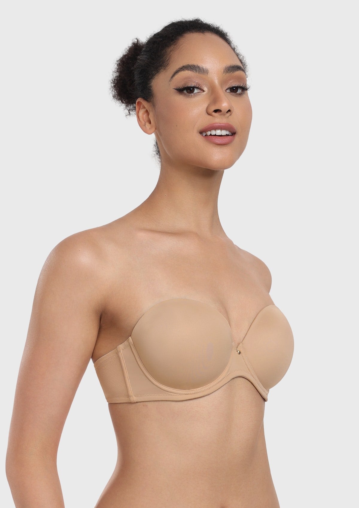Side profile of the nude most comfortable strapless bra, highlighting excellent side containment and a secure fit that stays up all day.
