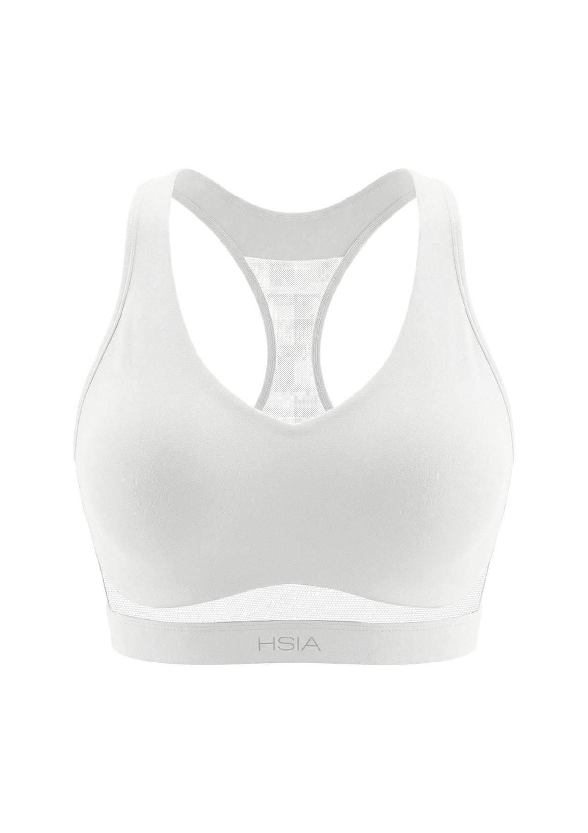 3D studio shot of the white Aura V-neck racerback sports bra FYT0224 showing full coverage design
