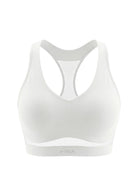 3D studio shot of the white Aura V-neck racerback sports bra FYT0224 showing full coverage design