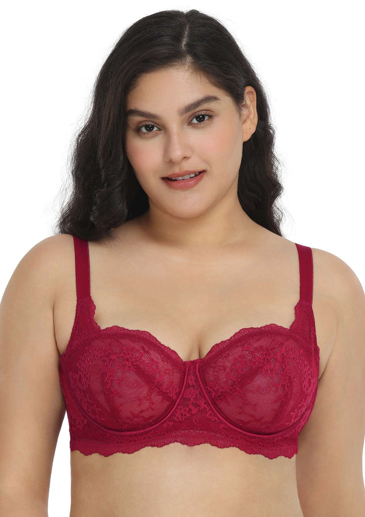 HSIA HSIA Floral Lace Unlined Bridal Balconette Bra Burgundy / 34 / C