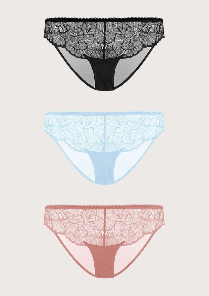 HSIA HSIA Blossom Lace Hipster Underwears 3 Pack S / Black+Storm Blue+Light Coral