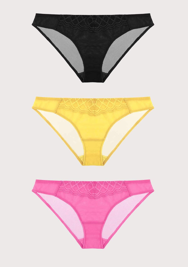 HSIA HSIA Plaid Lace Bikini Panties 3 Pack S / Black+Yellow+Pink