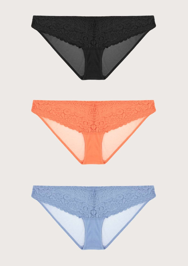 HSIA HSIA Leaf Flower Lace Bikini Panties 3 Pack S / Black+Orange+Blue