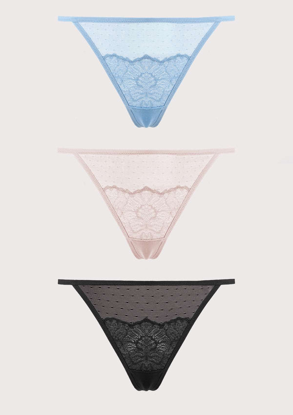 HSIA HSIA Blossom Lace String Thongs 3 Pack S / Storm Blue+Dark Pink+Black