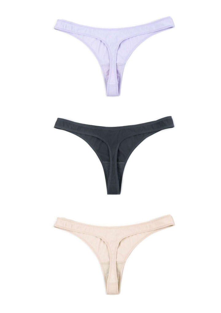 HSIA HSIA Ribbed Knit Cotton Thong Underwear 3 Pack S / Dark Gray+Pink Beige+Purple