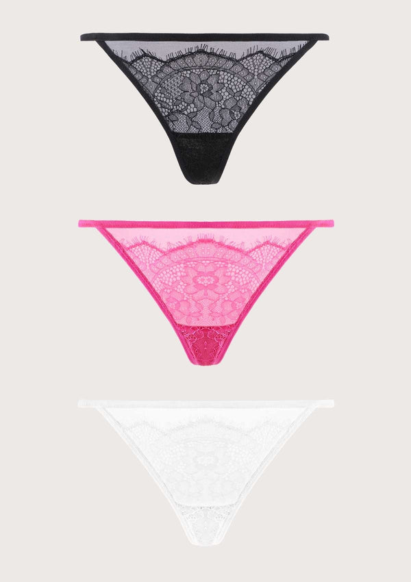 HSIA HSIA Mesh Eyelash Lace Thongs 3 Pack S / Black+Pink+White