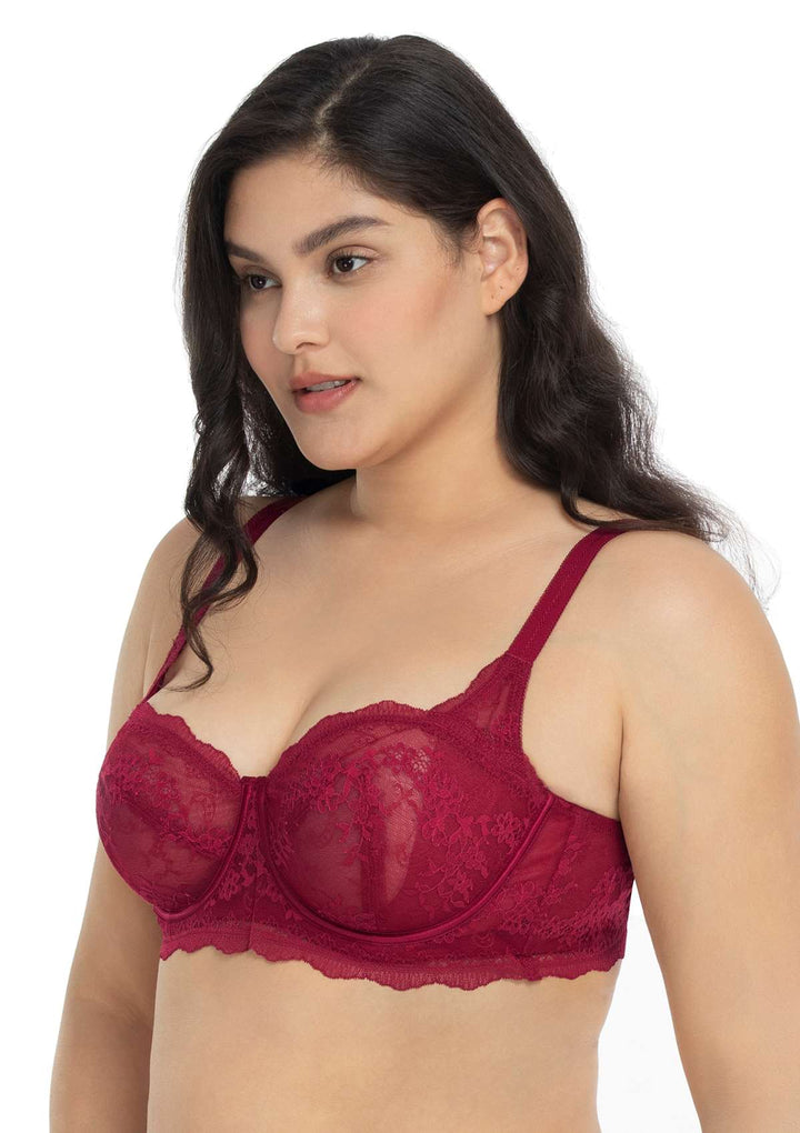 HSIA HSIA Floral Lace Unlined Bridal Burgundy Balconette Bra Set