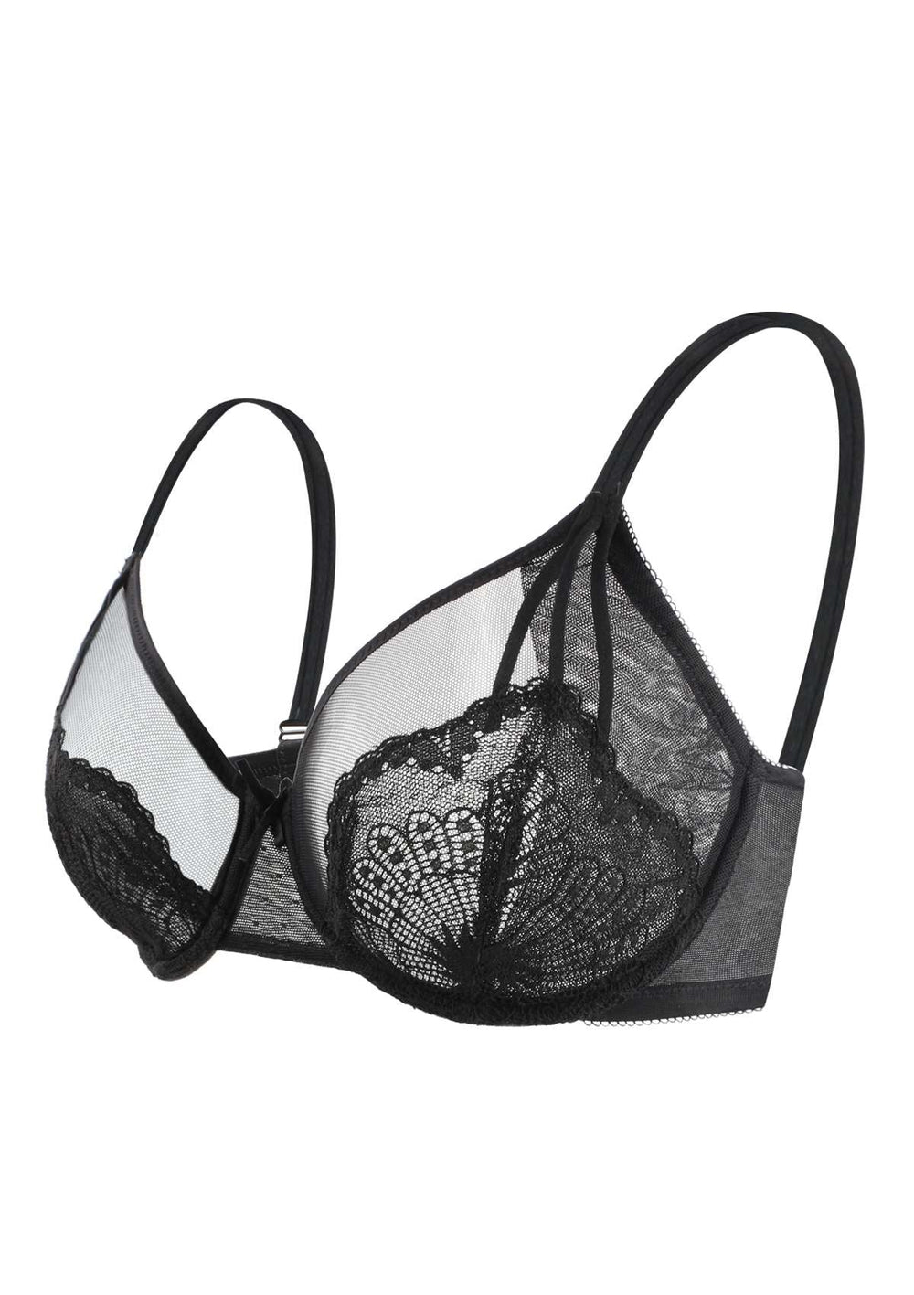 Black Floral Lace Mesh Red Underwired Padded Bra